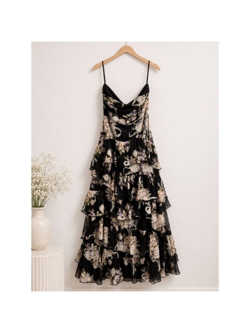 Floral Tiered Ruffle Spaghetti Strap Dress - Black Floral